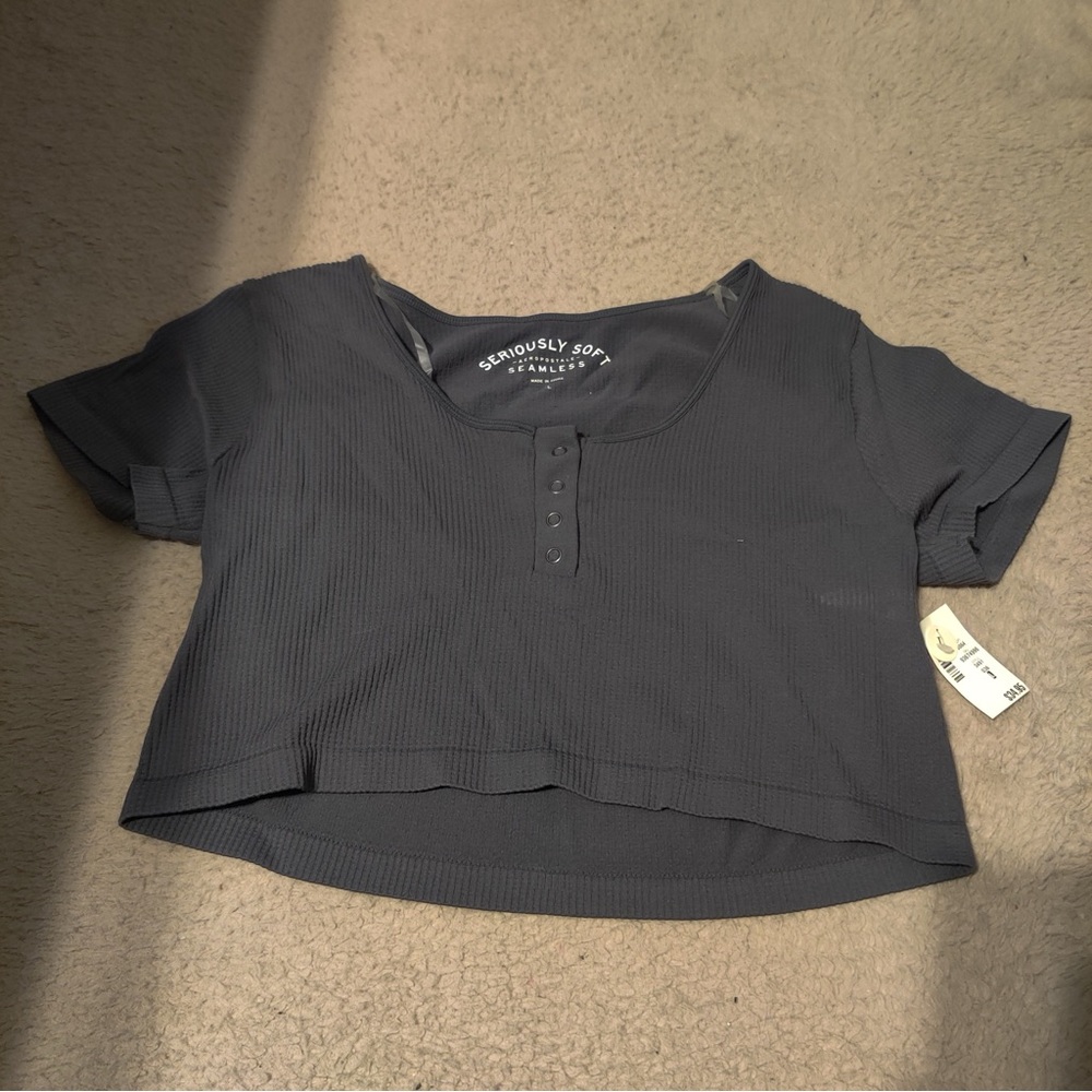 Aeropostale Seriously Soft Seamless Snap Henley Dark Gray Crop Top